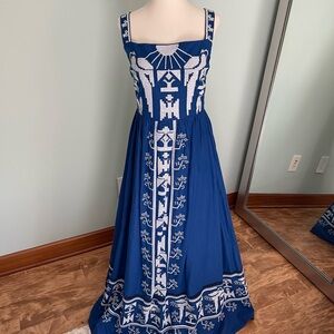 Farm Rio Blue and White Embroidered Maxi Dress